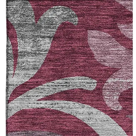 Burgundy Gray And Silver Floral Washable Area Rug With UV Protection Photo 4