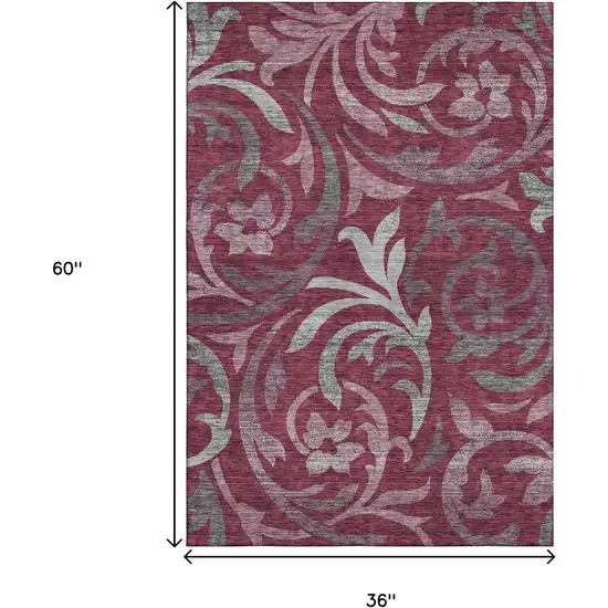 Burgundy Gray And Silver Floral Washable Area Rug With UV Protection Photo 3