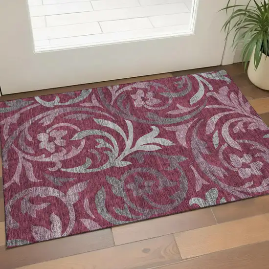 Burgundy Gray And Silver Floral Washable Area Rug With UV Protection Photo 1