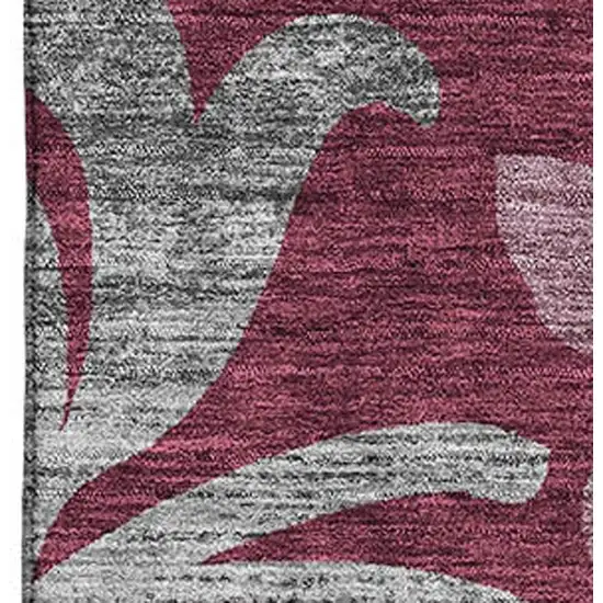 Burgundy Gray And Silver Floral Washable Area Rug With UV Protection Photo 3