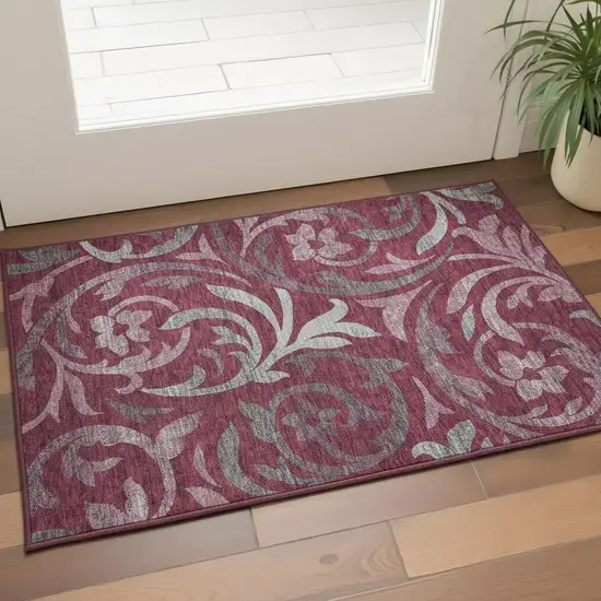 Burgundy Gray And Silver Floral Washable Area Rug With UV Protection Photo 2