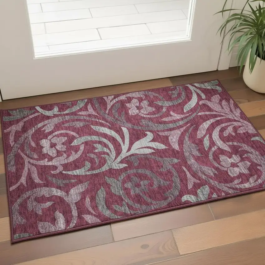 Burgundy Gray And Silver Floral Washable Area Rug With UV Protection Photo 2