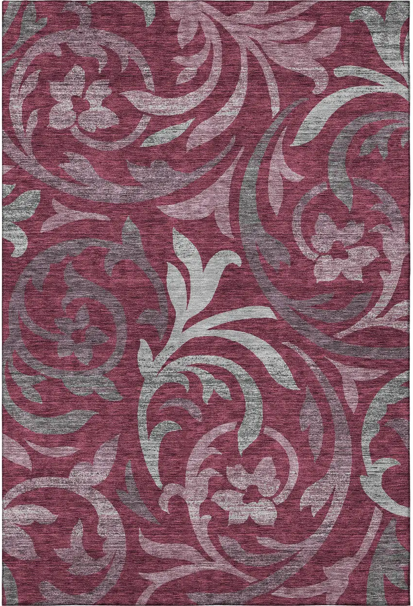 Burgundy Gray And Silver Floral Washable Area Rug With UV Protection Photo 4