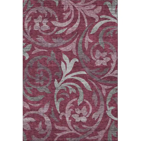 Burgundy Gray And Silver Floral Washable Area Rug With UV Protection Photo 4