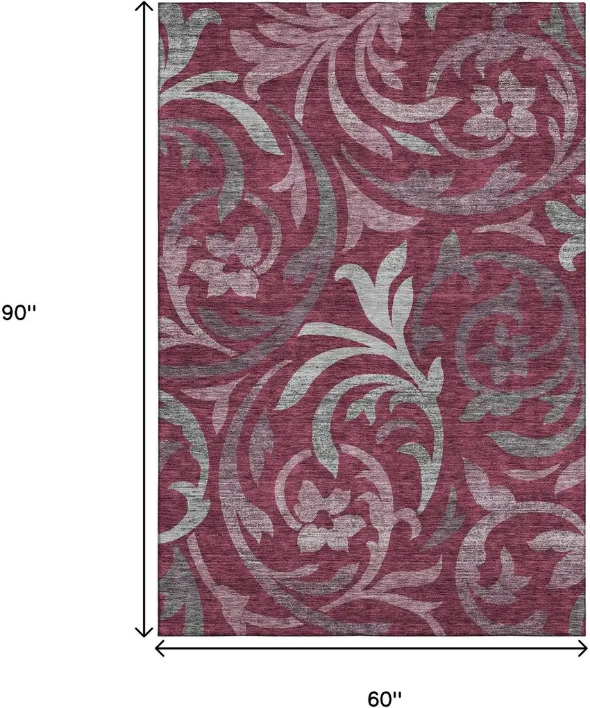 Burgundy Gray And Silver Floral Washable Area Rug With UV Protection Photo 3