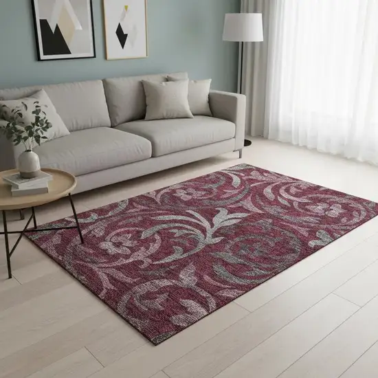 Burgundy Gray And Silver Floral Washable Area Rug With UV Protection Photo 2