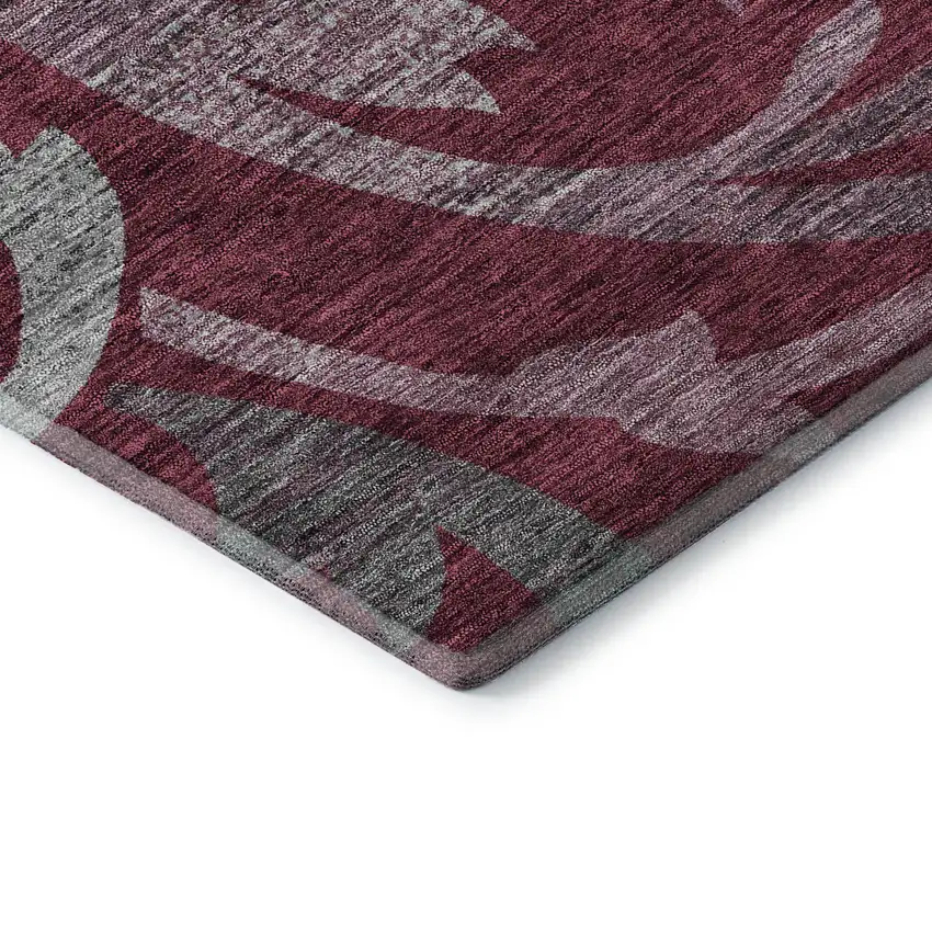 Burgundy Gray And Silver Floral Washable Area Rug With UV Protection Photo 8