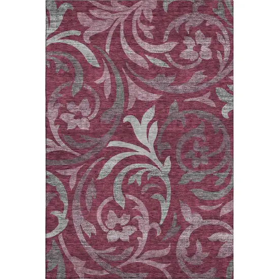 Burgundy Gray And Silver Floral Washable Area Rug With UV Protection Photo 1