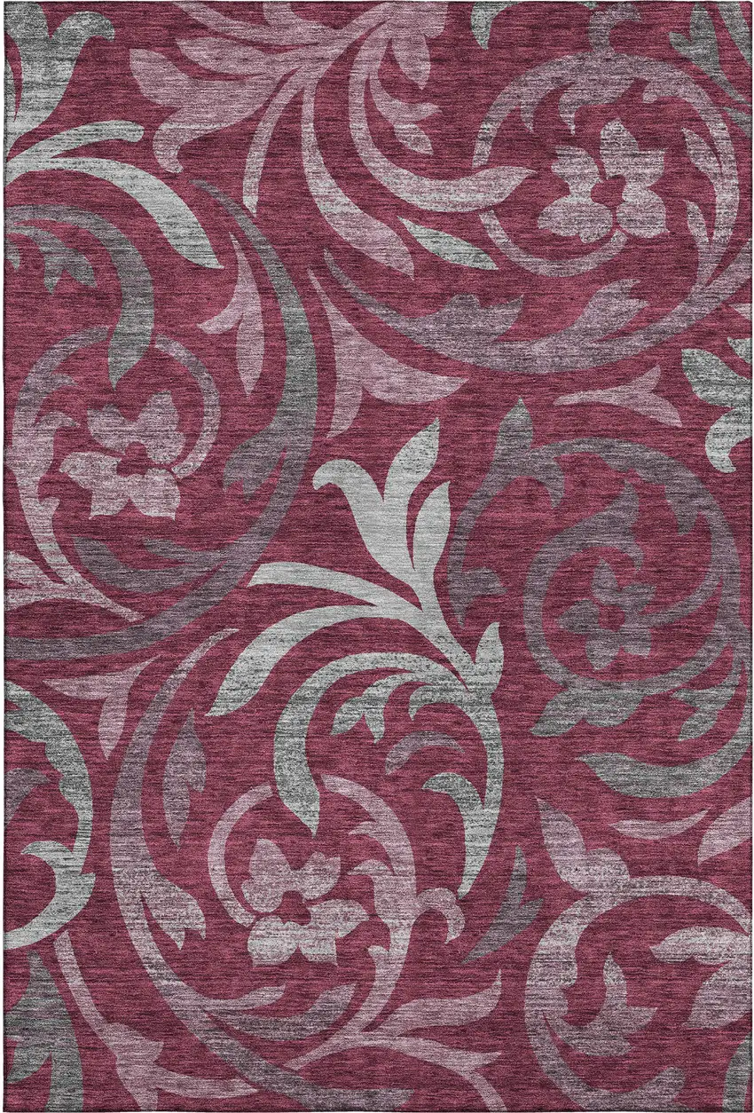Burgundy Gray And Silver Floral Washable Area Rug With UV Protection Photo 1