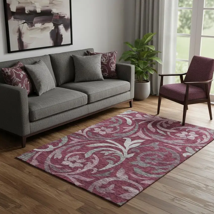 Burgundy Gray And Silver Floral Washable Area Rug With UV Protection Photo 1