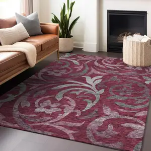 Photo of Burgundy Gray And Silver Floral Washable Area Rug With UV Protection