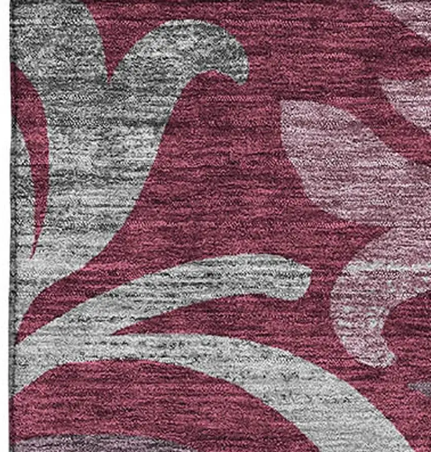 Burgundy Gray And Silver Floral Washable Area Rug With UV Protection Photo 4