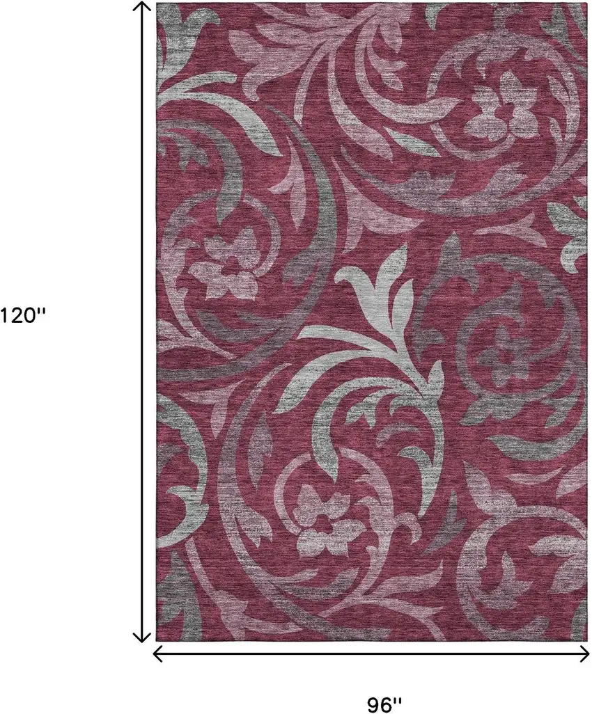 Burgundy Gray And Silver Floral Washable Area Rug With UV Protection Photo 3