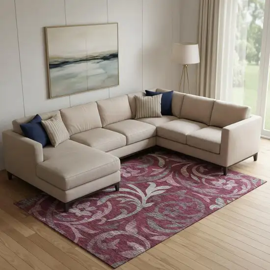 Burgundy Gray And Silver Floral Washable Area Rug With UV Protection Photo 1