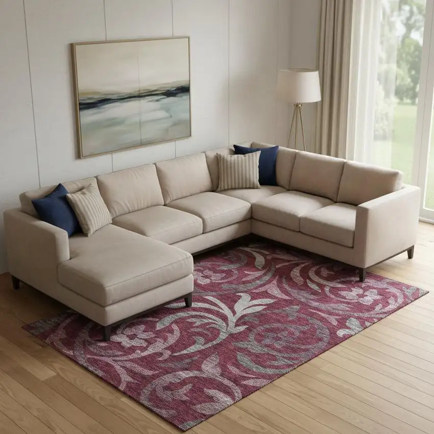 Burgundy Gray And Silver Floral Washable Area Rug With UV Protection Photo 1