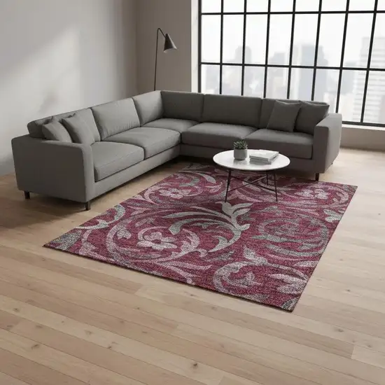 Burgundy Gray And Silver Floral Washable Area Rug With UV Protection Photo 2