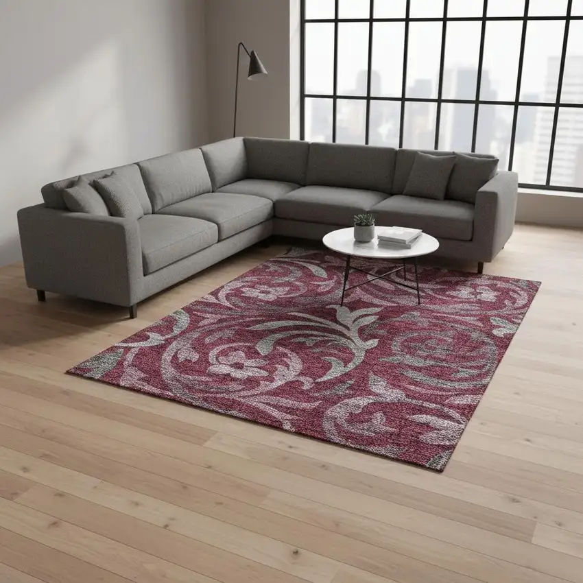 Burgundy Gray And Silver Floral Washable Area Rug With UV Protection Photo 2