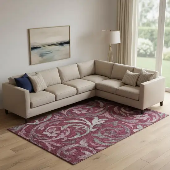 Burgundy Gray And Silver Floral Washable Area Rug With UV Protection Photo 1