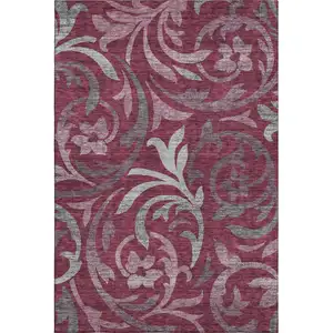 Photo of Burgundy Gray And Silver Floral Washable Area Rug With UV Protection