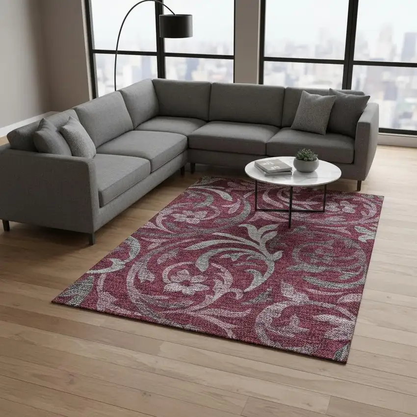 Burgundy Gray And Silver Floral Washable Area Rug With UV Protection Photo 2