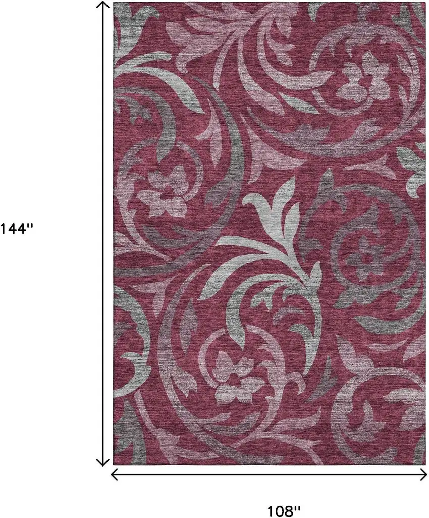 Burgundy Gray And Silver Floral Washable Area Rug With UV Protection Photo 3