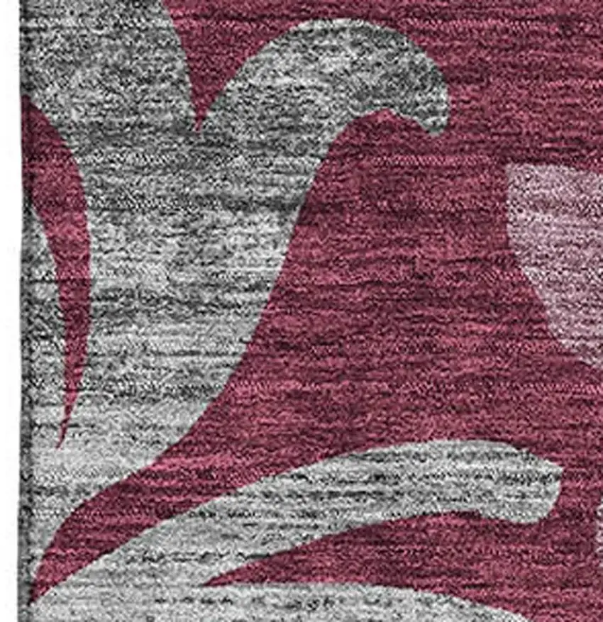 Burgundy Gray And Silver Floral Washable Area Rug With UV Protection Photo 3