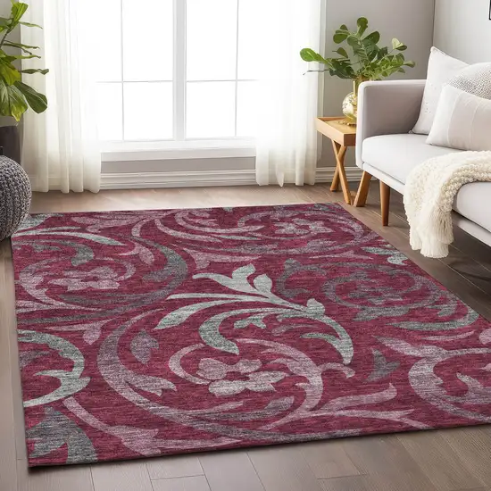 Burgundy Gray And Silver Floral Washable Area Rug With UV Protection Photo 5