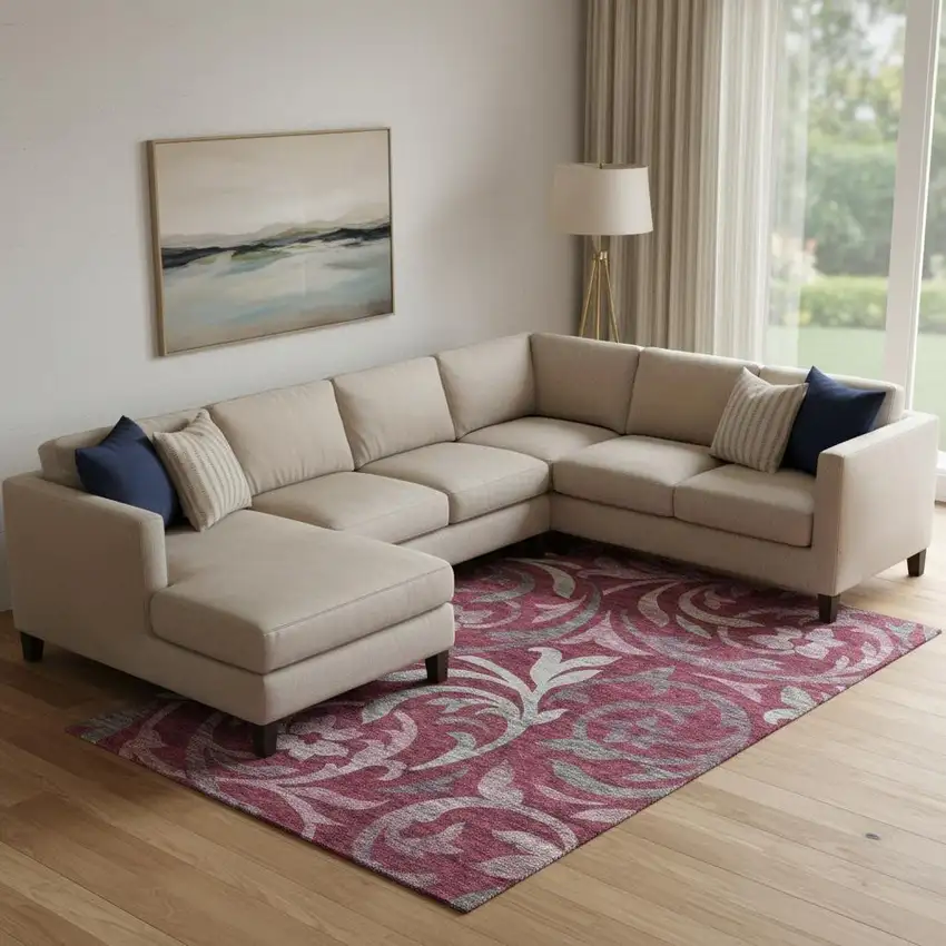 Burgundy Gray And Silver Floral Washable Area Rug With UV Protection Photo 1