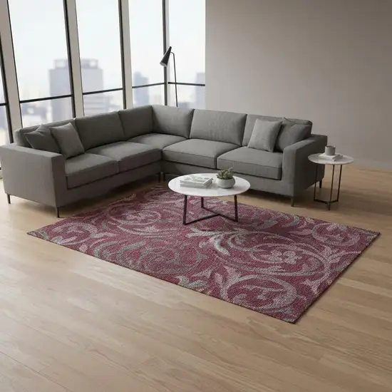 Burgundy Gray And Silver Floral Washable Area Rug With UV Protection Photo 2
