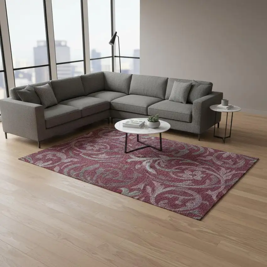 Burgundy Gray And Silver Floral Washable Area Rug With UV Protection Photo 2