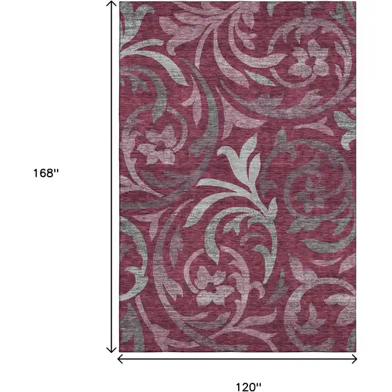 Burgundy Gray And Silver Floral Washable Area Rug With UV Protection Photo 3