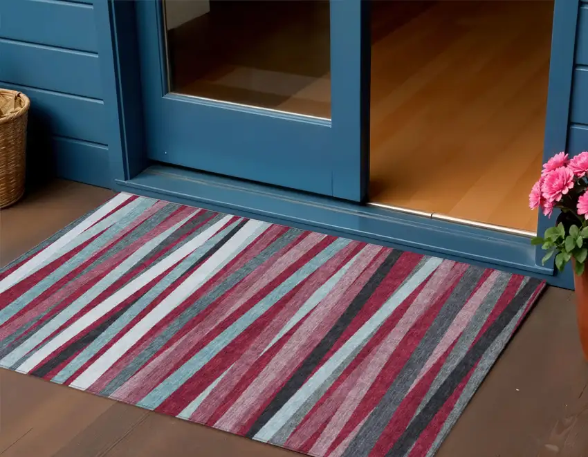 Burgundy Ivory And Blue Striped Washable Indoor Outdoor Area Rug Photo 1