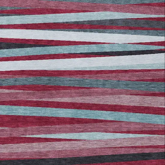Burgundy Ivory And Blue Striped Washable Indoor Outdoor Area Rug Photo 5