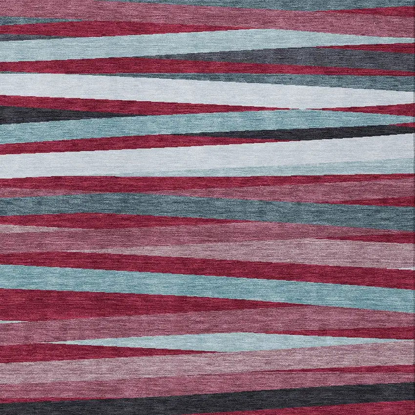 Burgundy Ivory And Blue Striped Washable Indoor Outdoor Area Rug Photo 5