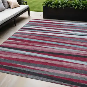 Photo of Burgundy Ivory And Blue Striped Washable Indoor Outdoor Area Rug