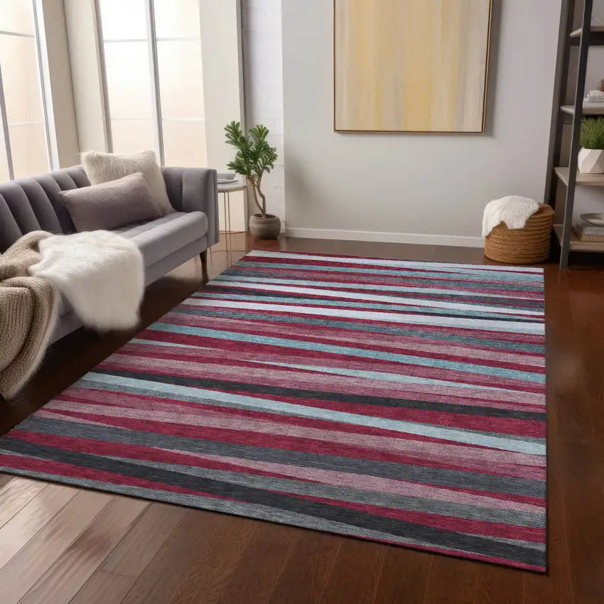 Burgundy Ivory And Blue Striped Washable Indoor Outdoor Area Rug Photo 8