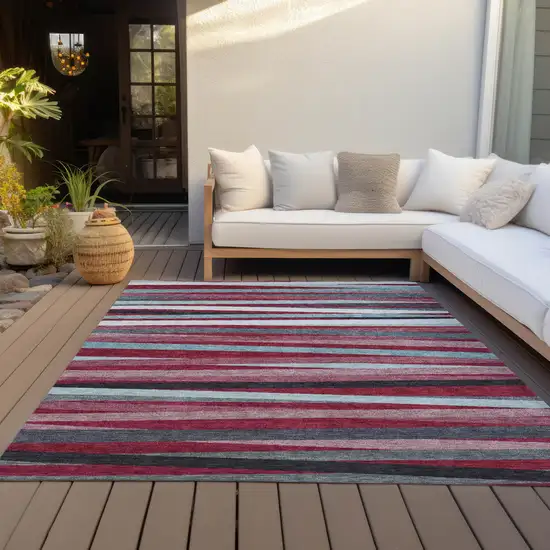 Burgundy Ivory And Blue Striped Washable Indoor Outdoor Area Rug Photo 7