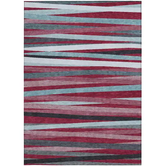 Burgundy Ivory And Blue Striped Washable Indoor Outdoor Area Rug Photo 6