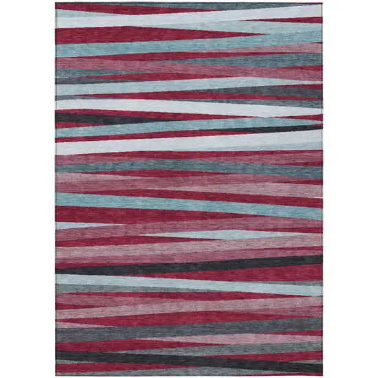 Burgundy Ivory And Blue Striped Washable Indoor Outdoor Area Rug Photo 2