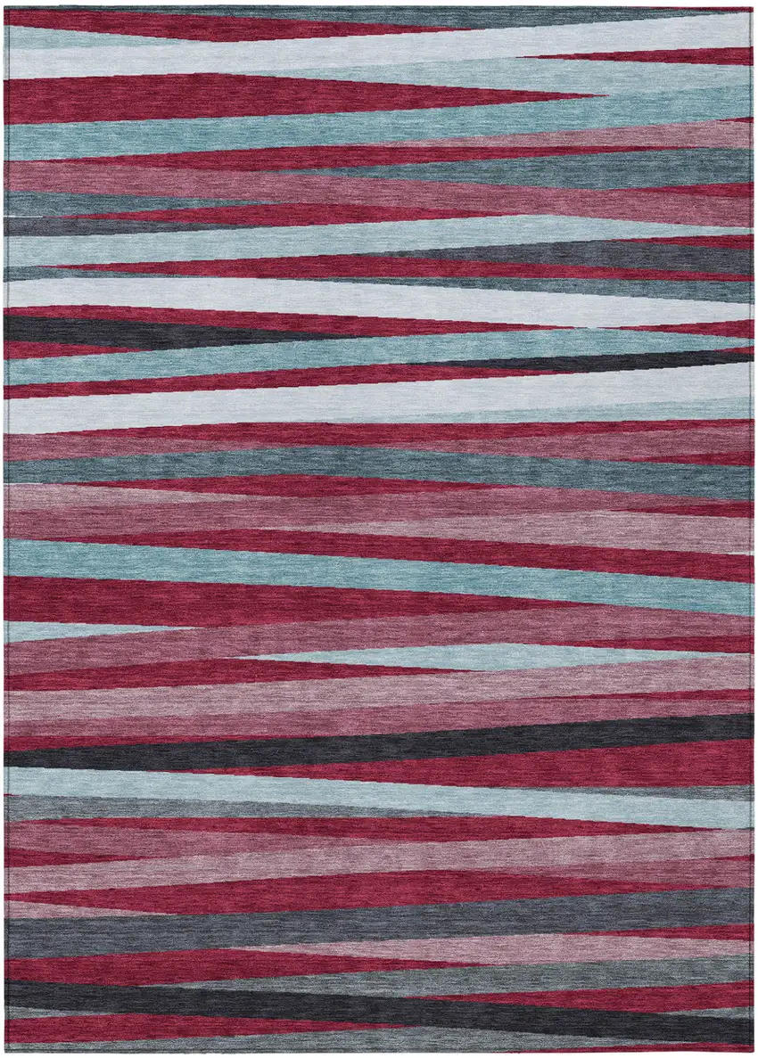 Burgundy Ivory And Blue Striped Washable Indoor Outdoor Area Rug Photo 2