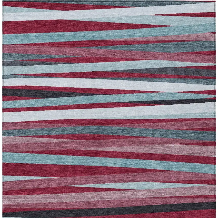Burgundy Ivory And Blue Striped Washable Indoor Outdoor Area Rug Photo 5