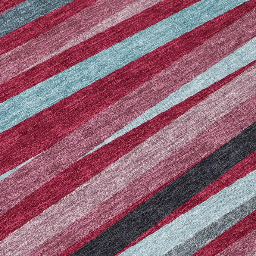 Burgundy Ivory And Blue Striped Washable Indoor Outdoor Area Rug Photo 7