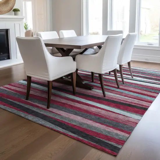 Burgundy Ivory And Blue Striped Washable Indoor Outdoor Area Rug Photo 9