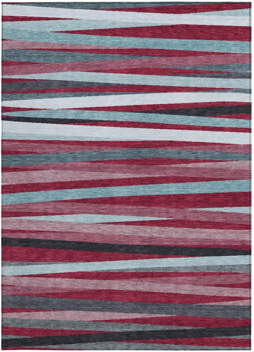 Burgundy Ivory And Blue Striped Washable Indoor Outdoor Area Rug Photo 6