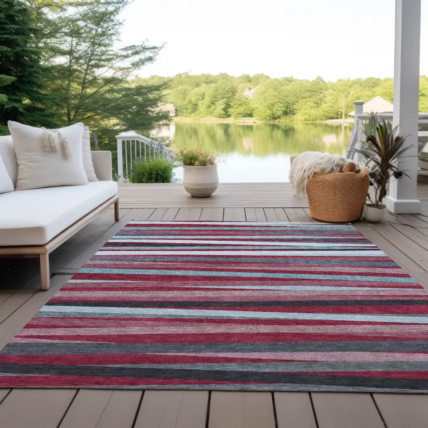 Burgundy Ivory And Blue Striped Washable Indoor Outdoor Area Rug Photo 9