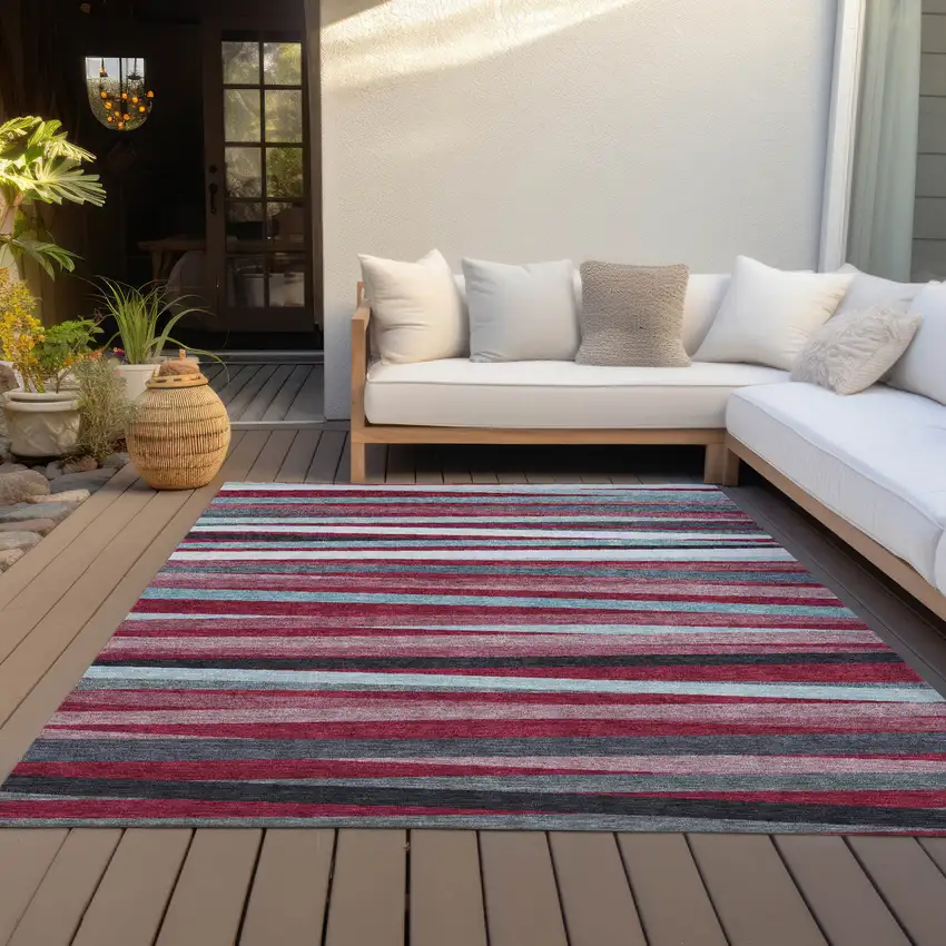 Burgundy Ivory And Blue Striped Washable Indoor Outdoor Area Rug Photo 6