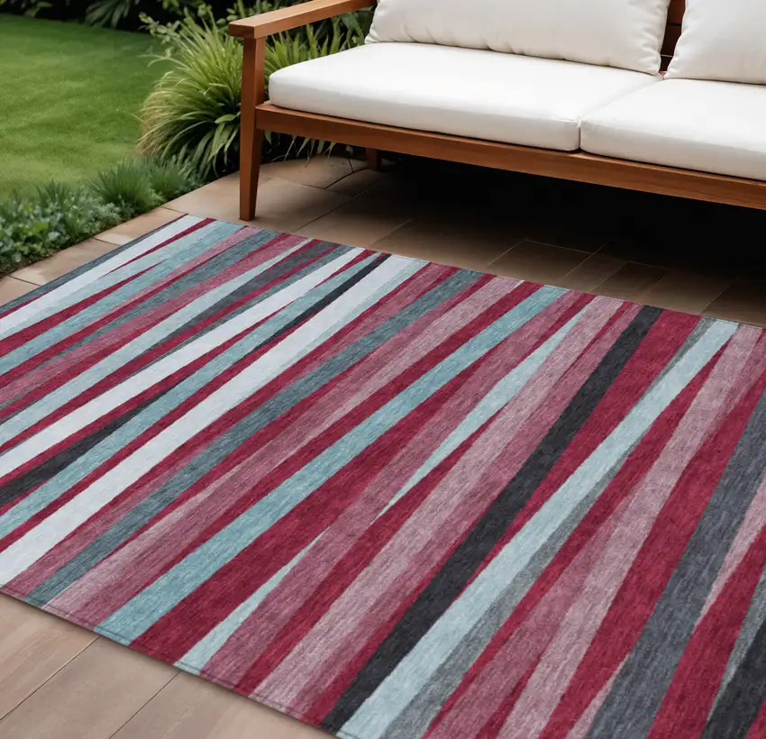 Burgundy Ivory And Blue Striped Washable Indoor Outdoor Area Rug Photo 1