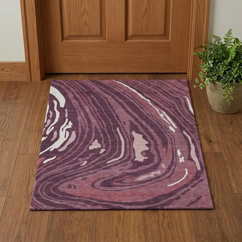 Burgundy Ivory And Blush Abstract Washable Area Rug With UV Protection Photo 1