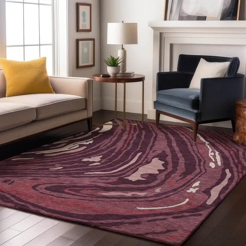 Burgundy Ivory And Blush Abstract Washable Area Rug With UV Protection Photo 4