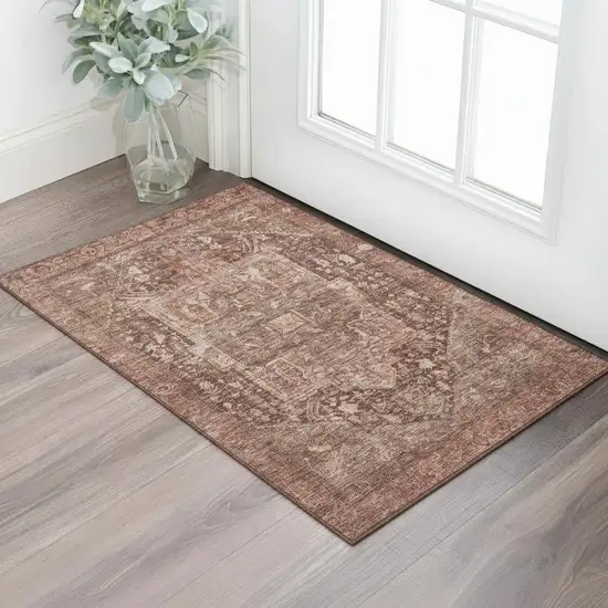 Burgundy Ivory And Gold Oriental Washable Area Rug With UV Protection Photo 2